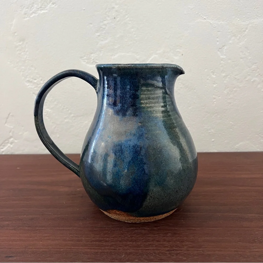 Mid century signed Wabi sabi studio pottery blue green stoneware pitcher vase